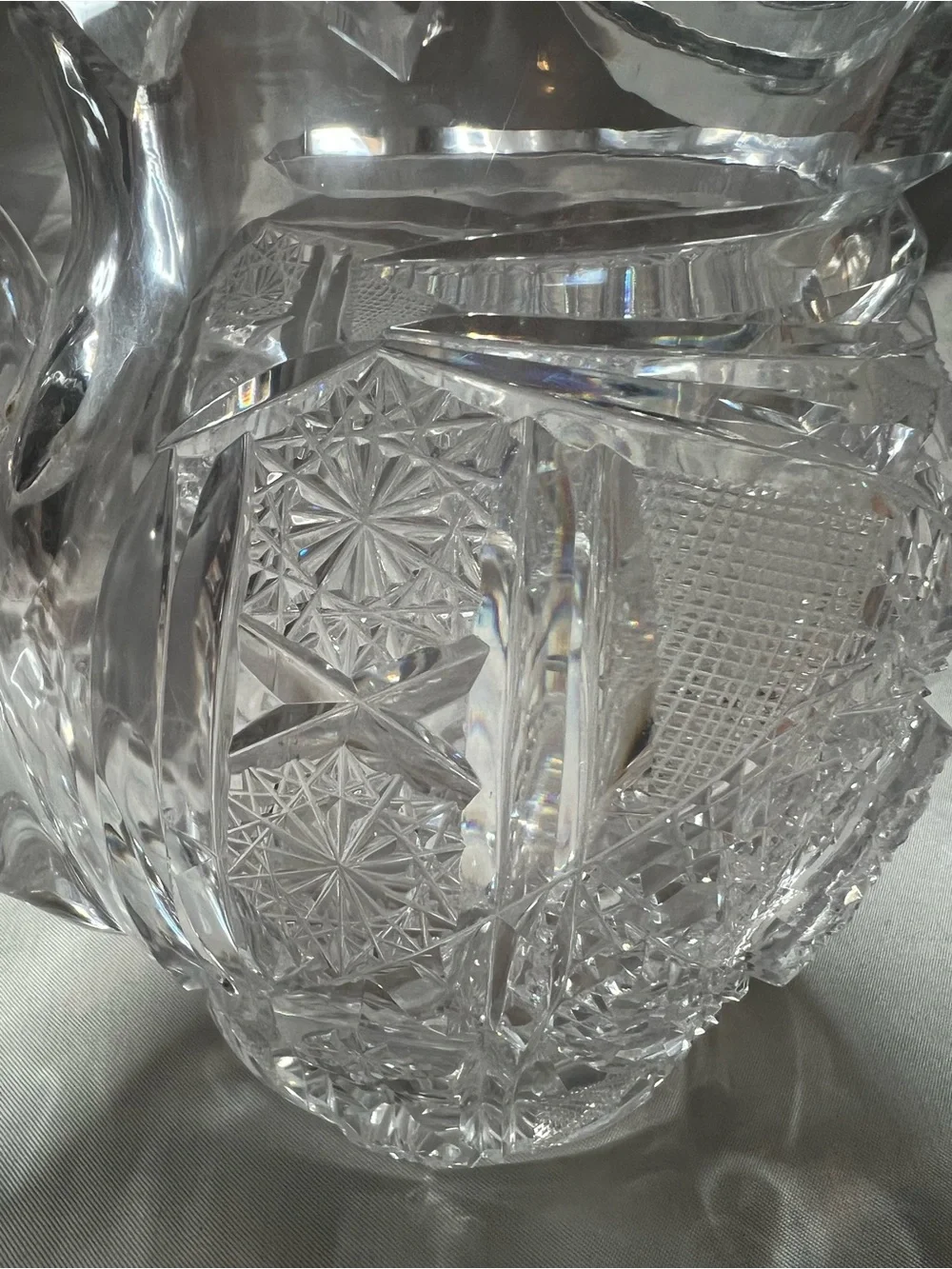 Antique ABP Cut Glass Crystal Pitcher - Hobstar & Fan Pattern - Small Chip